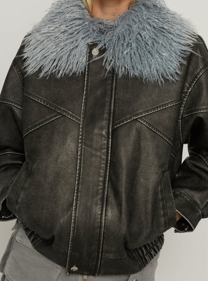 Brittanni Fluffy Collar Jacket Black / Blue