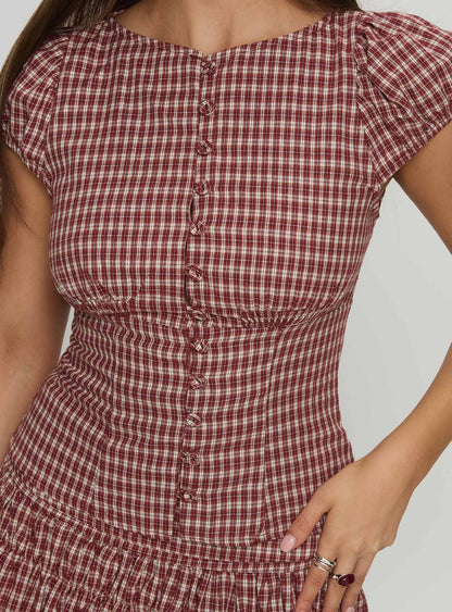 Alixandra Puff Sleeve Blouse Top Red Check