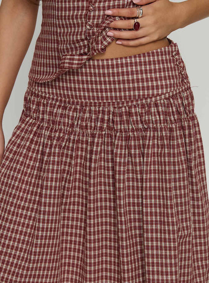 Alixandra Ruched Midi Skirt Red Check