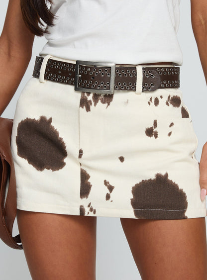 Maxa Denim Mini Skirt Cow Print