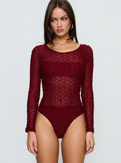 Harly Sheer Long Sleeve Bodysuit Red