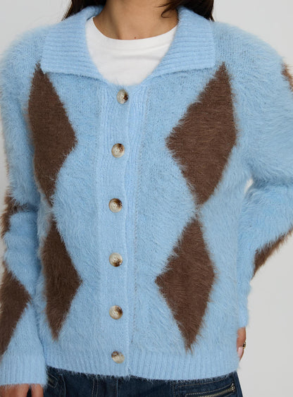 Lynnsey Fluffy Collared Knit Sweater Blue Argyle