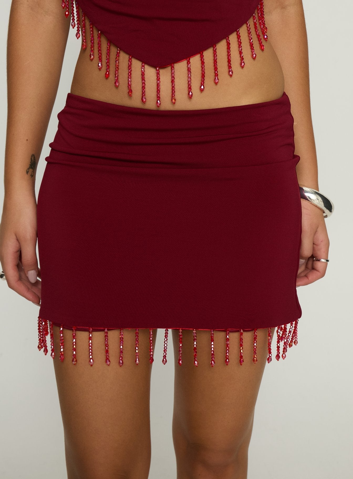Ginah Bead Tassel Mini Skirt Red