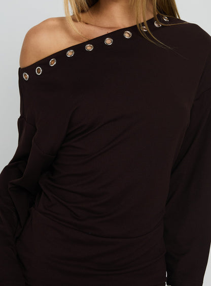 Sakaia Long Sleeve Eyelet Mini Dress Brown