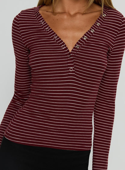 Georgeanna Button Up Long Sleeve Top Burgundy Stripe