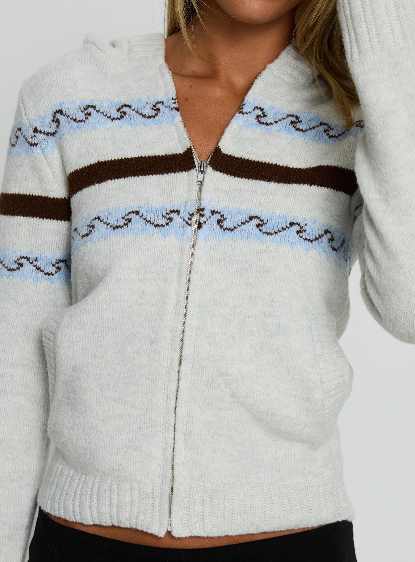 Zaylina Graphic Zip Through Knit Sweater Grey