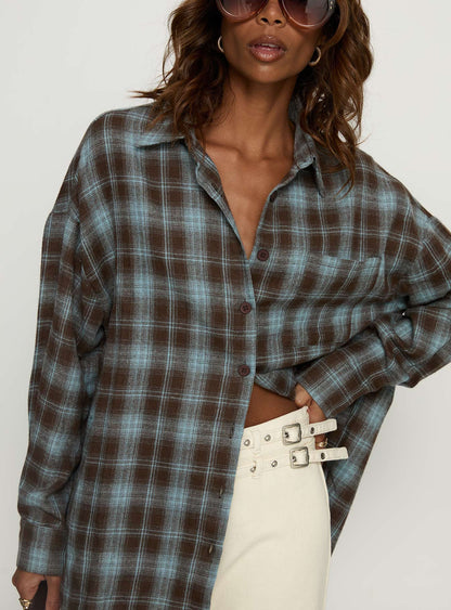 Perlita Long Sleeve Collared Shirt Brown Check