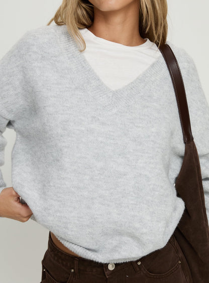 Stay The Night V Neck Knit Sweater Grey Marle