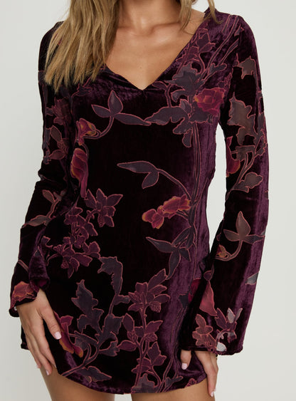 Alitra Long Sleeve Mini Dress Floral Devore Burgundy