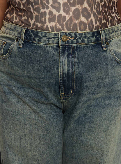 Ribbon Stamp Low Rise Wide Leg Jeans Antique Wash Curve