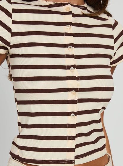 Marvella Button Up Top Beige / Brown Stripe