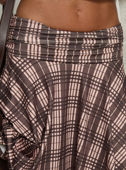 Scholar Asymmetrical Midi Skirt Brown Check