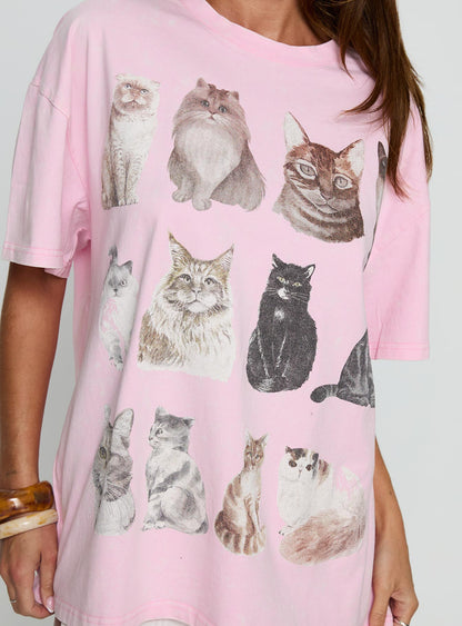 Feline Companions Oversized Graphic Tee Pink