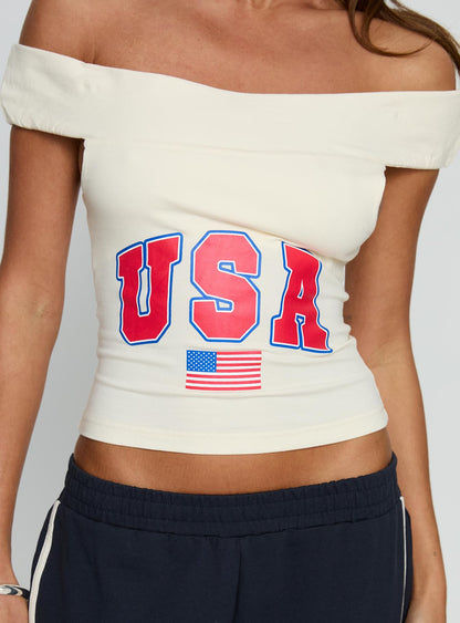American Spirit Off the Shoulder Graphic Top Cream