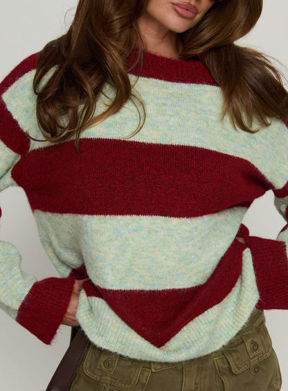 Nesha Fluffy Knit Sweater Red / Blue Stripe