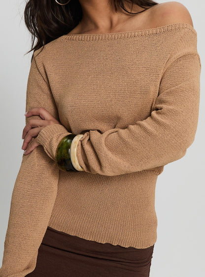 Xaria Off Shoulder Knit Sweater Tan