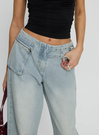 Paltrow Mid Rise Wide Leg Cargo Jeans Faded Blue Wash