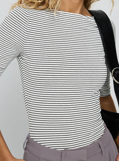 Here One Moment 3/4 Sleeve Bodysuit Black / White Stripe