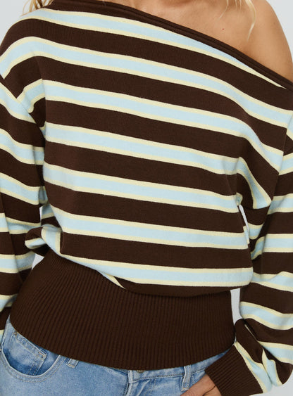 Zinia Off Shoulder Knit Sweater Brown / Blue Stripe