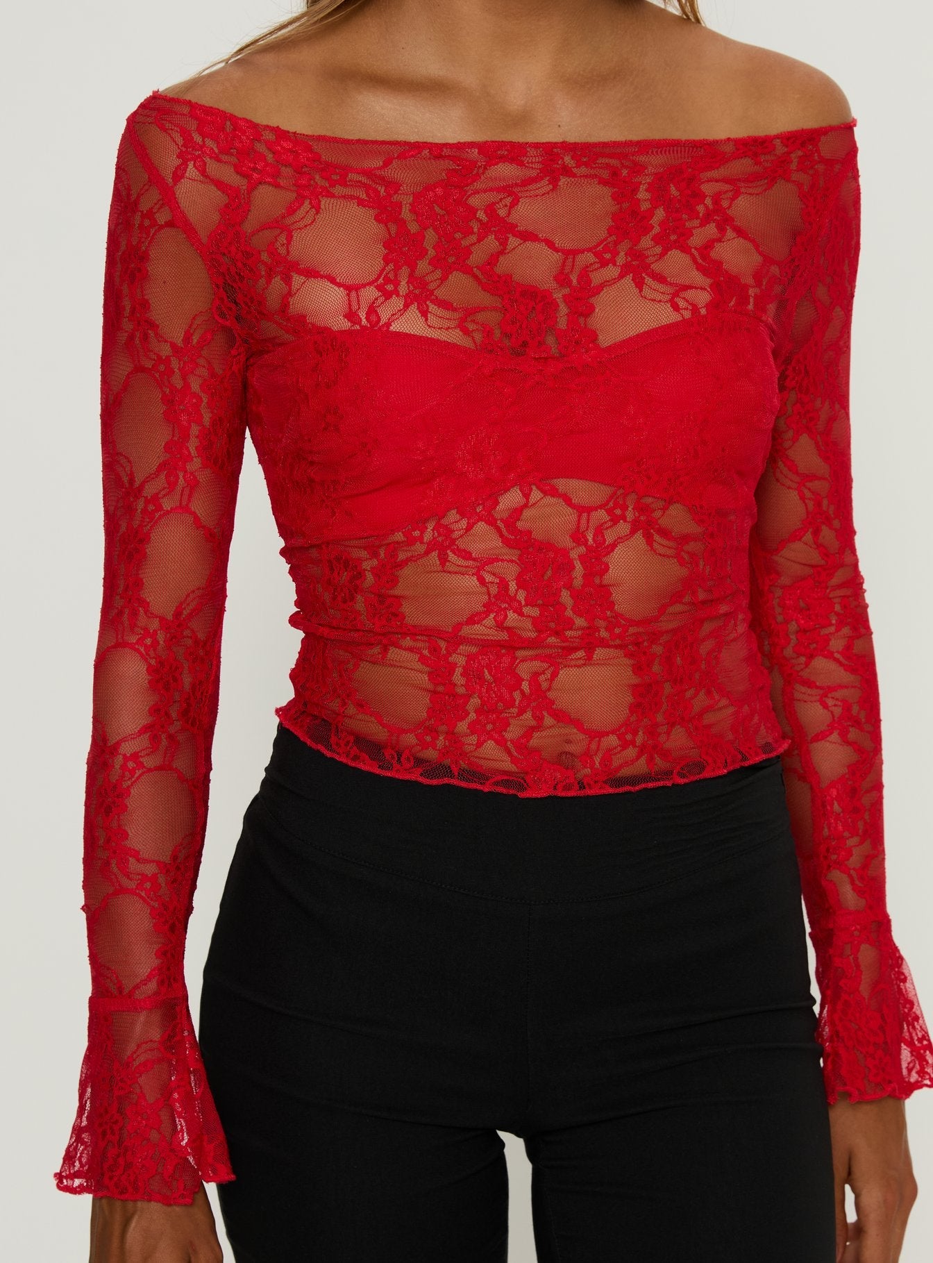Junah Sheer Lace Long Sleeve Top Red