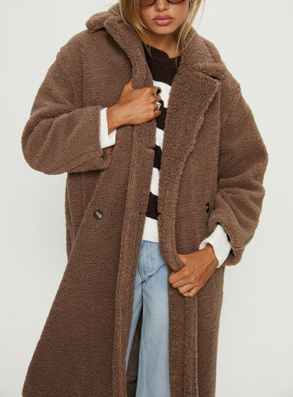 Delora Fluffy Longline Coat Brown