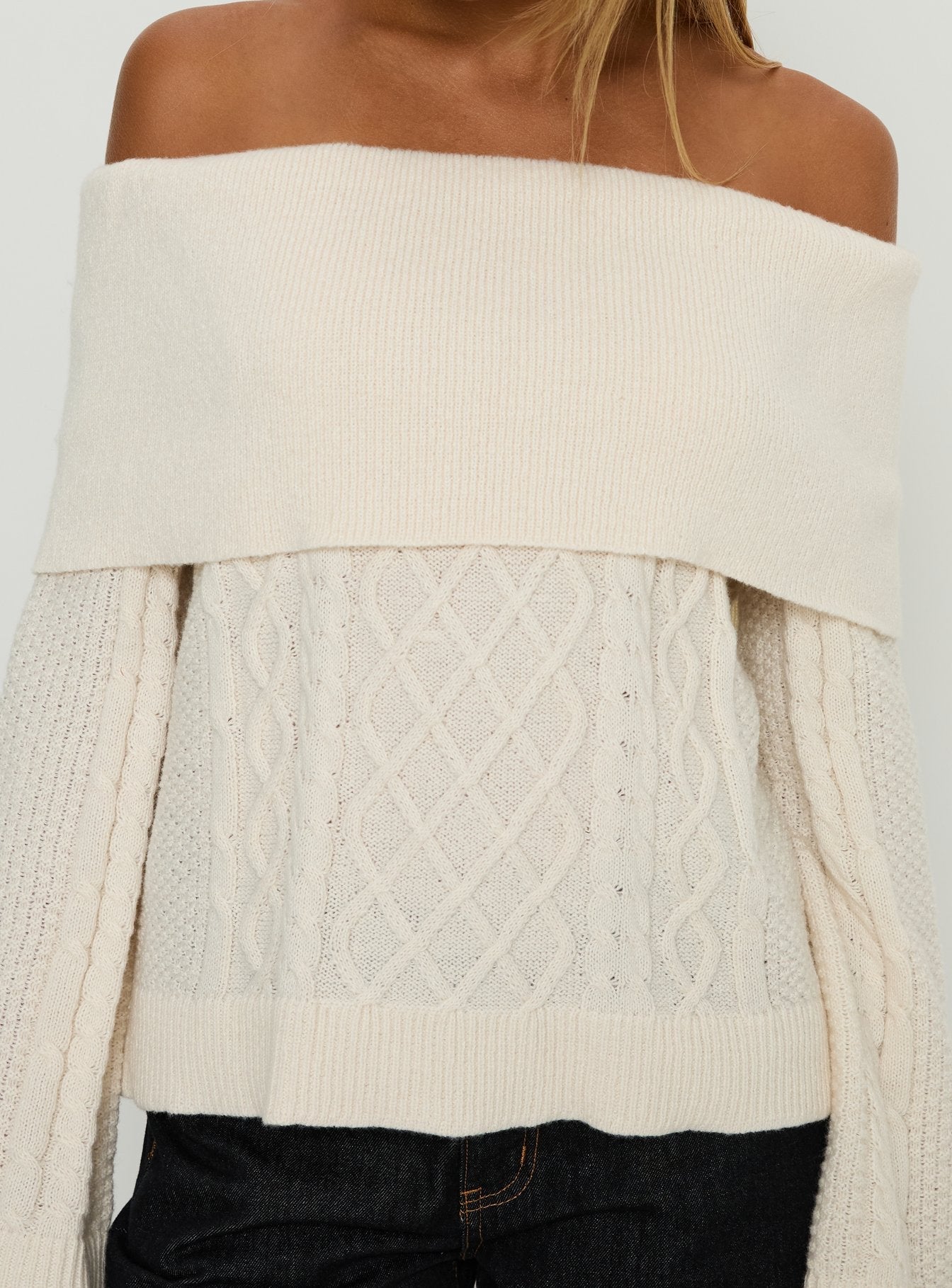 Margarete Off Shoulder Knit Sweater Cream