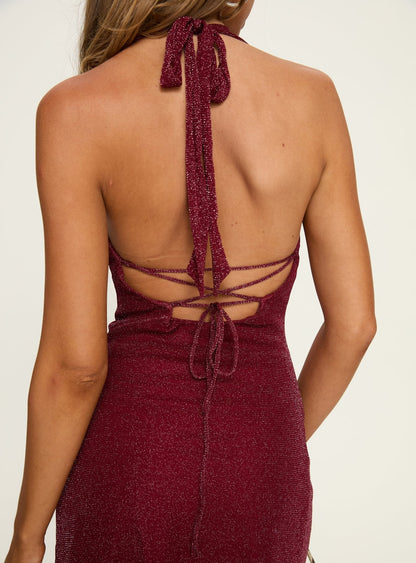 Hypnotise Ruched Halter Mini Dress Burgundy Shimmer