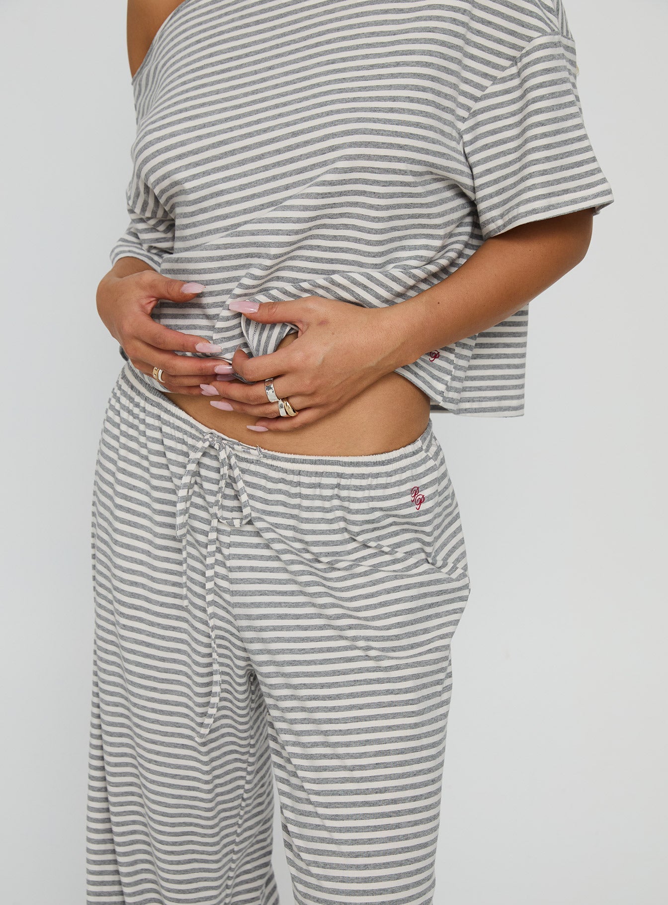 Tobie Off Shoulder Sleep Set Grey Stripe