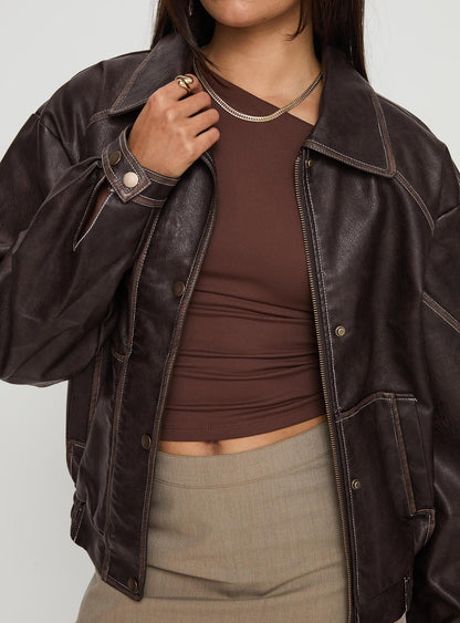 Jaxton Faux Leather Jacket Brown Petite