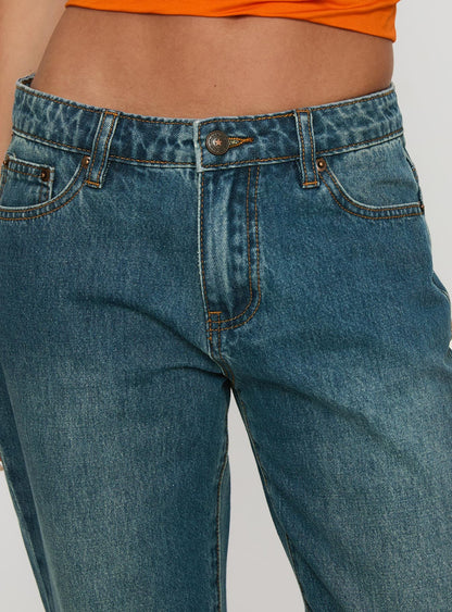 Toros Mid Rise Wide Leg Foldover Denim Jeans Mid Blue