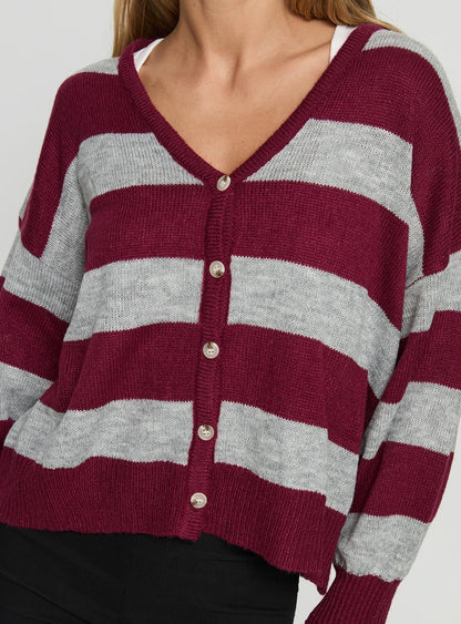 Devvon V Neck Knit Cardigan Red Stripe