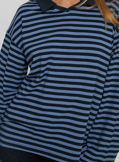 Settle Down Collared Long Sleeve Top Navy Stripe