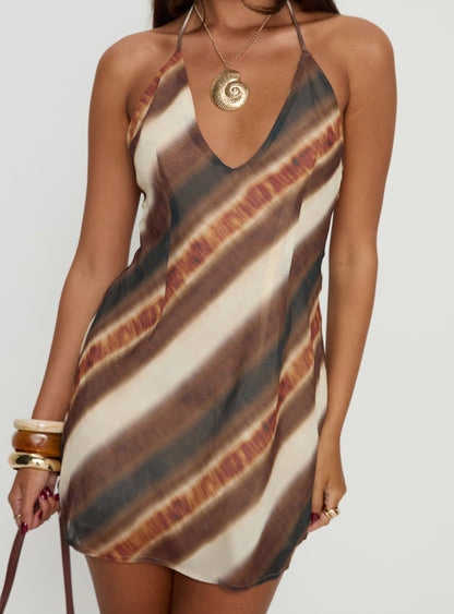 Esmira Halter Mini Dress Brown Stripe
