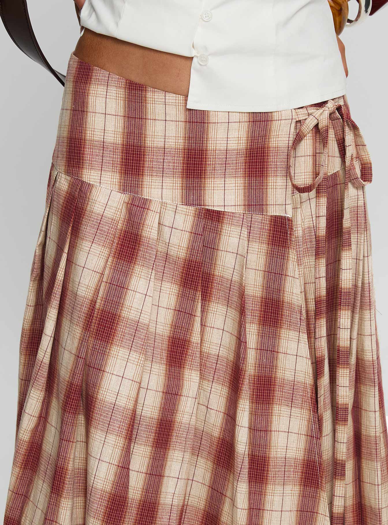 Norie Wrap Pleat Midi Skirt Red Plaid