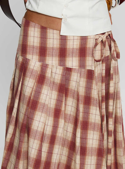 Norie Wrap Pleat Midi Skirt Red Plaid