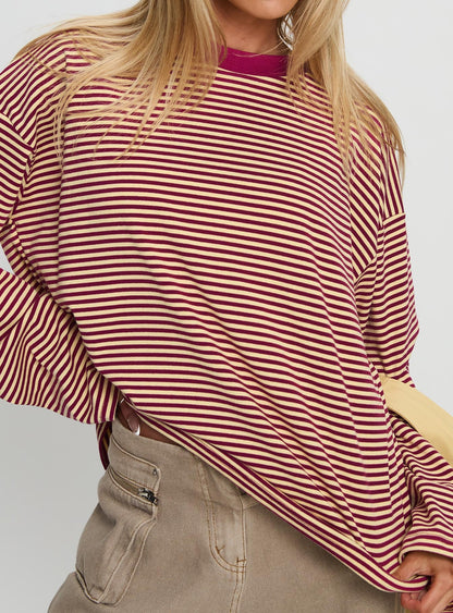 Settle Down Long Sleeve Top Lemon / Burgundy Stripe