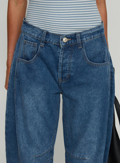 Normana Mid Rise Cropped Barrel Jeans Mid Blue Wash