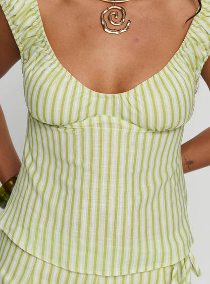 With Pleasure Puff Sleeve Linen Blouse Top Green / Blue Stripe