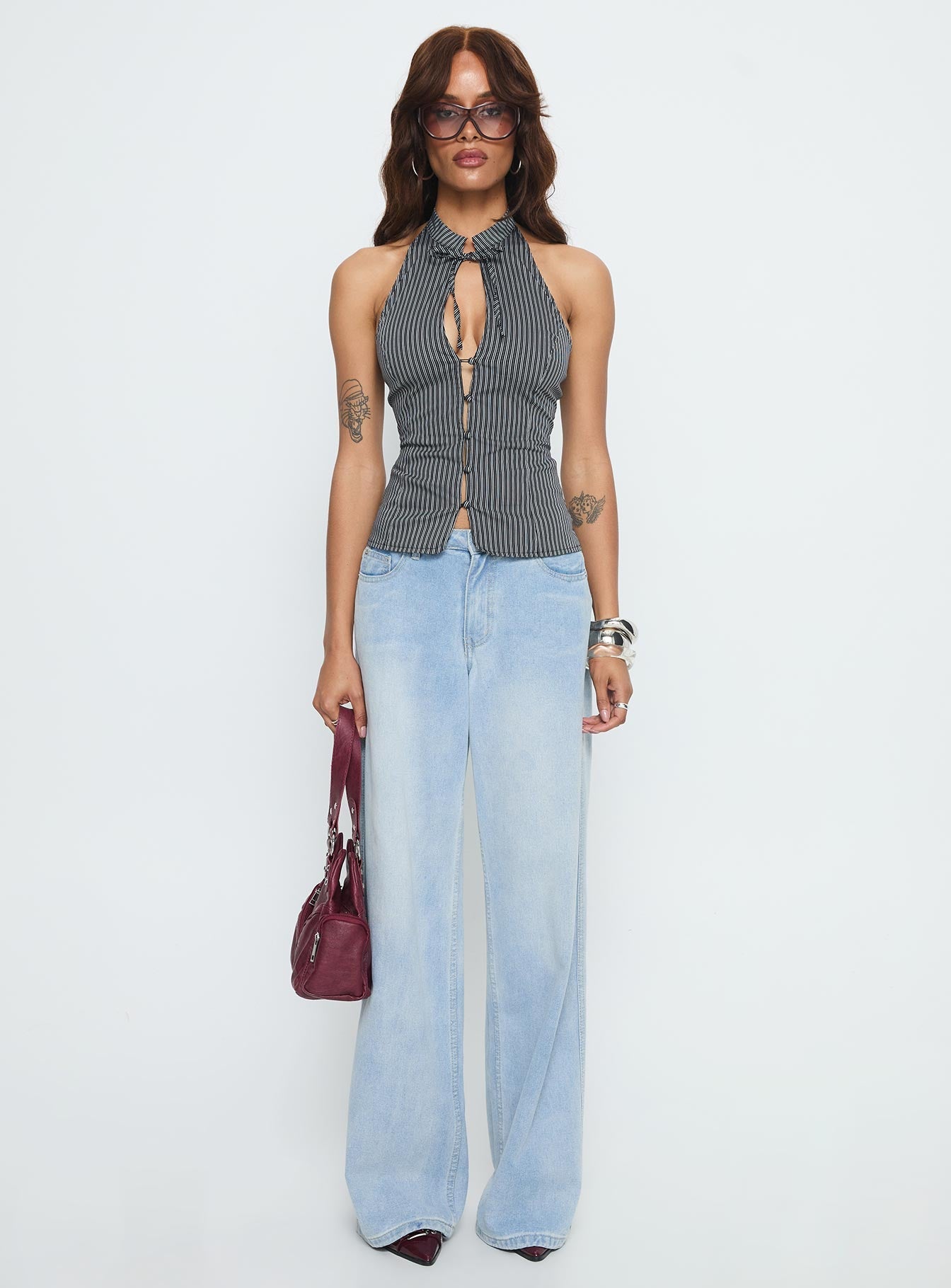 Tiarra Keyhole Sleeveless Top Black Stripe