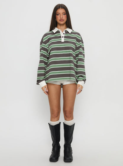 Tycen Polo Rugby Jumper Green / Grey Stripe