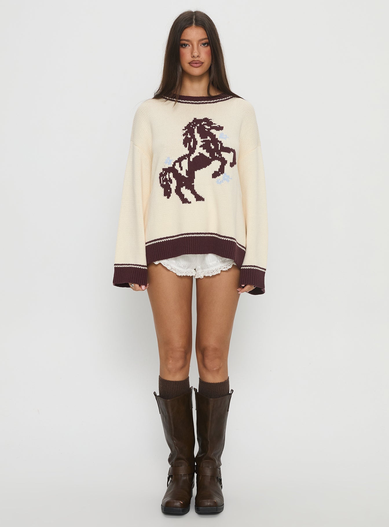Rhianonn Horse Graphic Knit Sweater Cream / Brown