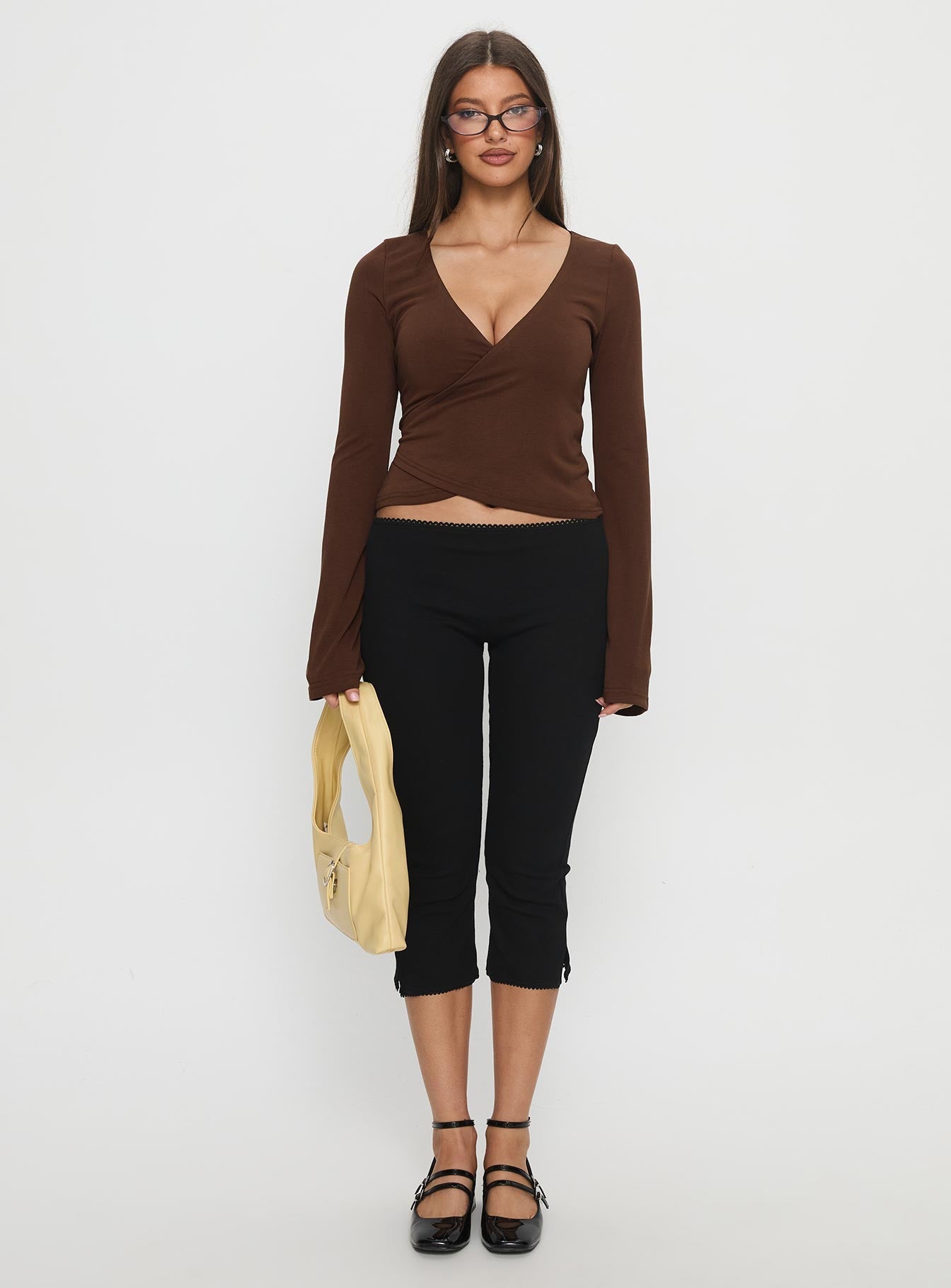 Stefanee Long Sleeve Wrap Top Brown