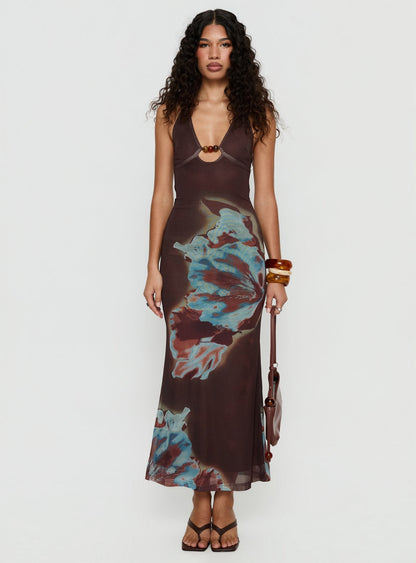 Maritsa Halter Beaded Maxi Dress Brown Floral