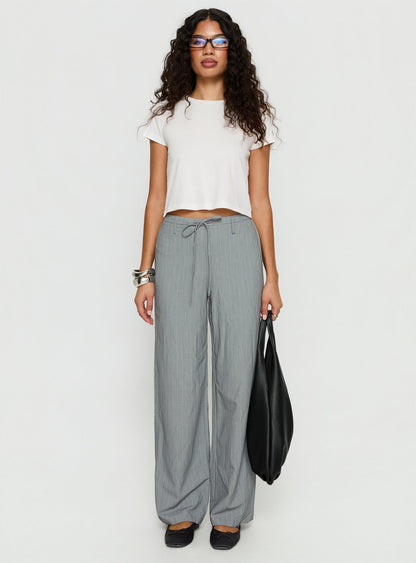 Idolised Tie Waist Pant Grey Pinstripe