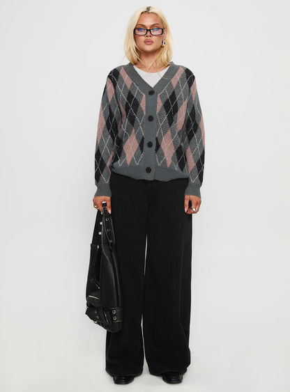 Zeeva Button Through Knit Cardigan Grey Argyle