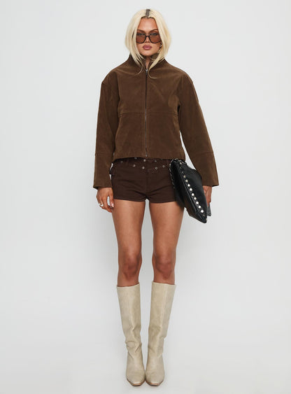 Jessalynn Faux Suede Zip Through Jacket Brown