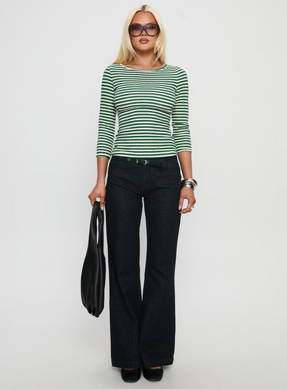 Missouri 3/4 Sleeve Textured Top Green Stripe