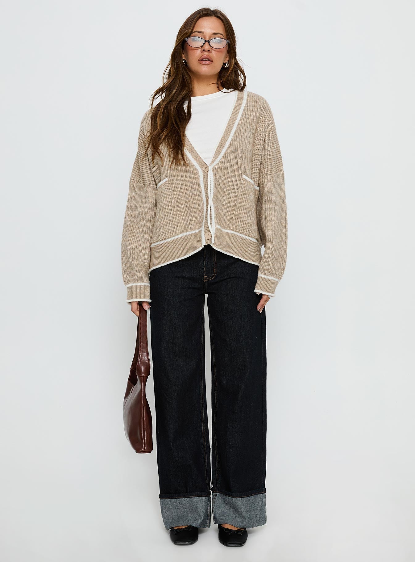 Cressara Contrast Knit Cardigan Beige / White