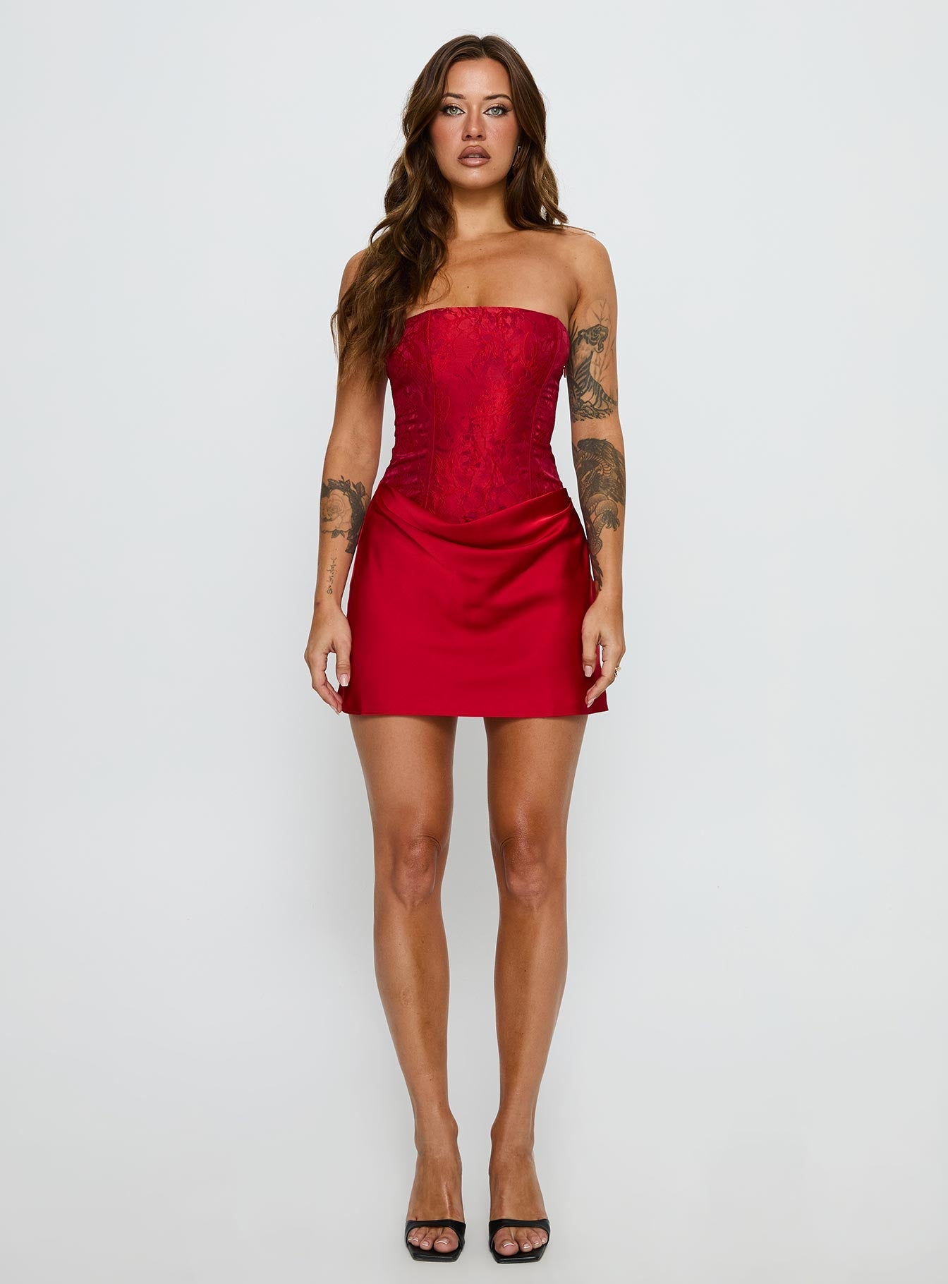 Jenevieve Strapless Drape Mini Dress Red