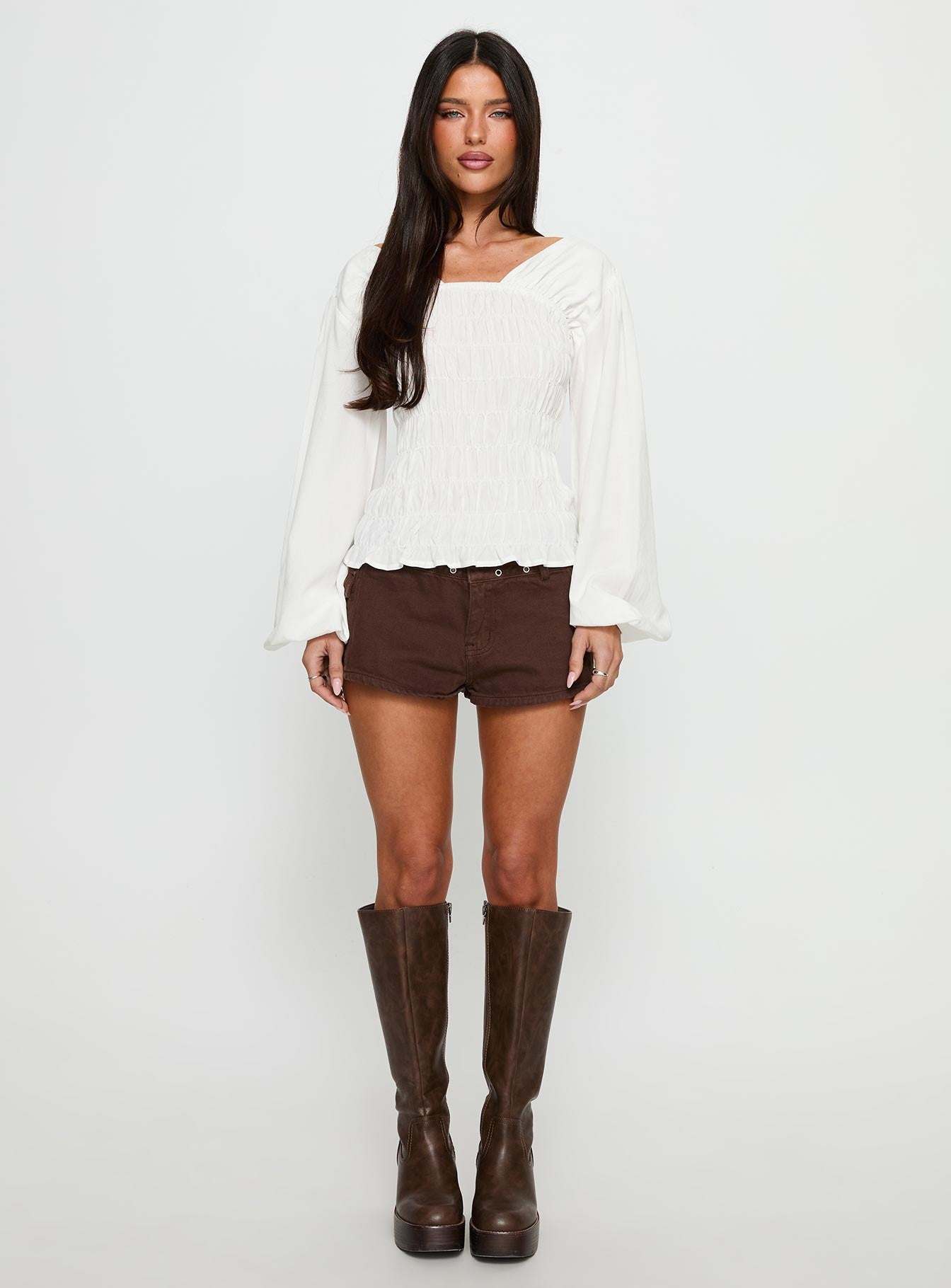 Lynnea Long Sleeve Shirred Top White